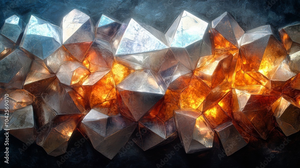 Aufkleber Intricate metallic crystals are arranged strategically, reflecting light and interspersed with vibrant glowing embers, creating a striking contrast against a dark backdrop.