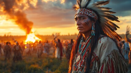 Obraz premium A Native American figure stands near a fire during a cultural gathering.