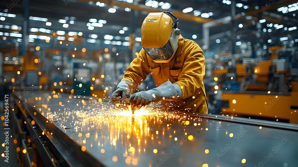 Poster worker welding in a factory, creating sparks and focusing on task.