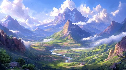 Fototapeta premium Majestic mountain range with a winding river flowing through a lush valley.