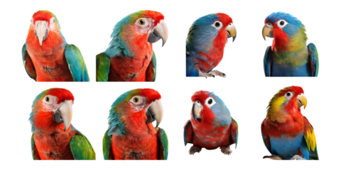 Colorful Parrots Showcase with Various Poses and Expressions, PNG collection, set bundle, isolate on transparent or white background
