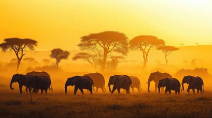 Fototapeta premium Silhouetted herd of elephants walking through the golden light of an African sunset, acacia trees standing tall in the distance