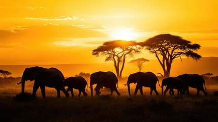 Fototapeta premium Silhouetted herd of elephants walking through the golden light of an African sunset, acacia trees standing tall in the distance