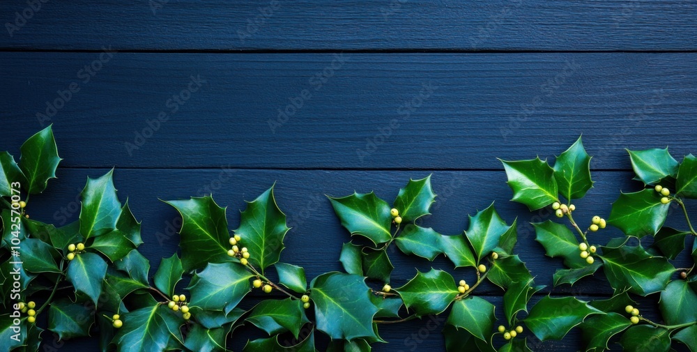 Poster A close-up of holly leaves and berries on a dark wooden surface.