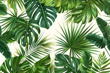 A pattern of tropical leaves on a white background