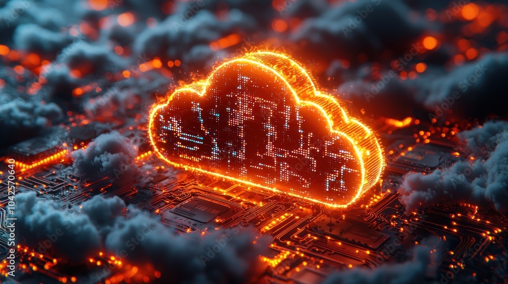 Poster glowing cloud symbol on a circuit board with smoke and lights