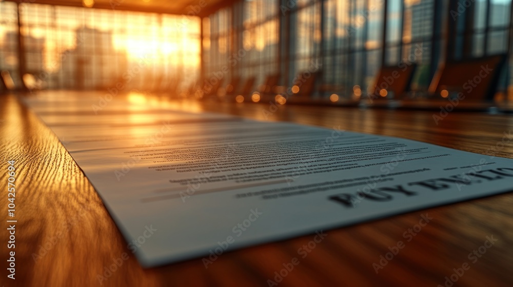 Poster document on a wooden surface with sunset view through windows.