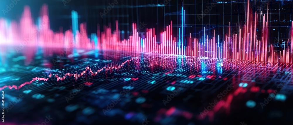 Poster Abstract Digital Display of Financial Data with Red and Blue Illuminated Bars