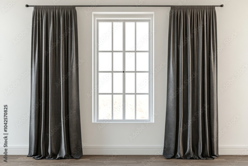 Poster a modern window with black curtains and a white trim. the window is large and has multiple panes of 
