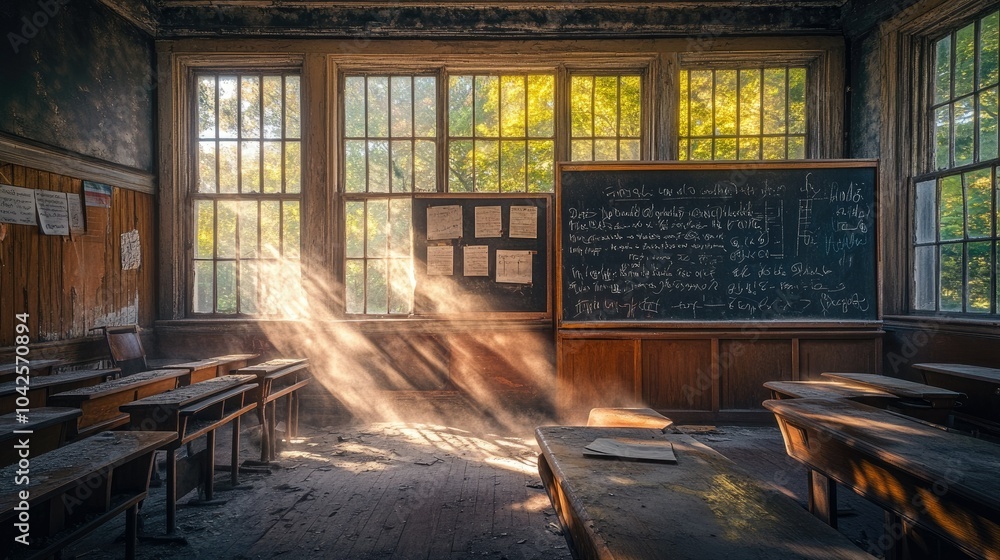 Poster sunlight streams through broken windows, illuminating an abandoned classroom filled with vintage woo