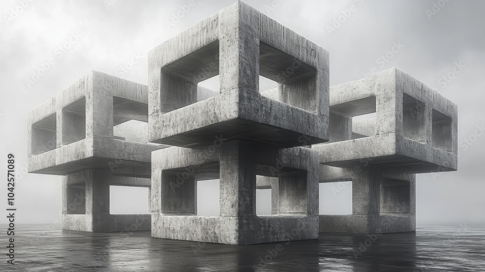 Poster Four modern concrete forms with square cutouts are symmetrically placed on a smooth, reflective surface, surrounded by a misty atmosphere.