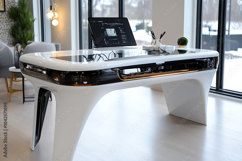Poster modern minimalist workspace design featuring an innovative desk setup for enhanced productivity