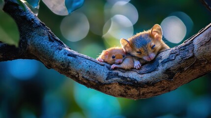 Two small animals resting on a branch, surrounded by soft, blurred foliage.