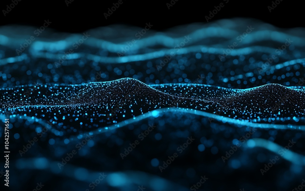 Poster a mesmerizing digital landscape featuring illuminated waves of particles in varying shades of blue, 