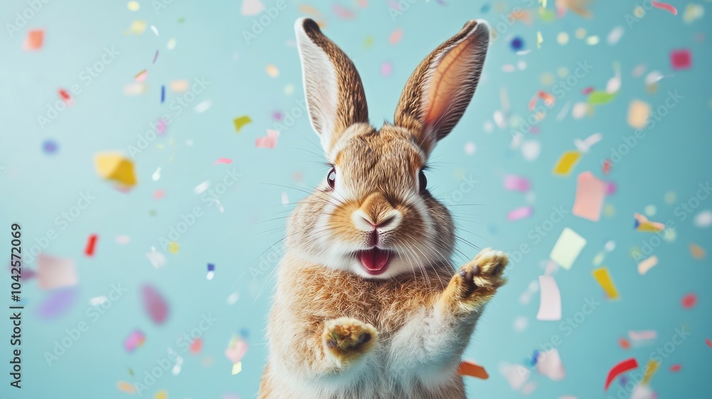 Wall mural a cheerful rabbit surrounded by colorful confetti, celebrating a joyful occasion.