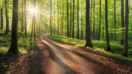 Obraz premium A serene forest path illuminated by sunlight, inviting exploration and tranquility.