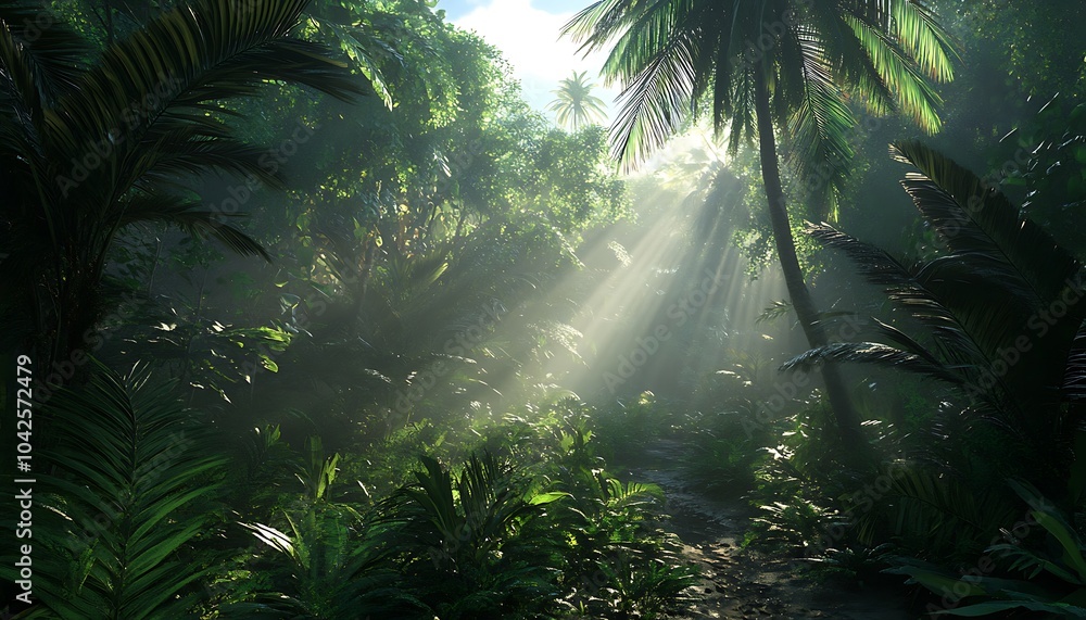 Aufkleber lush jungle with sunlight filtering through dense foliage, creating a tranquil and mystical atmosphe