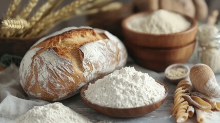 Fototapeta premium Freshly baked bread with flour and pasta ingredients on a rustic table.