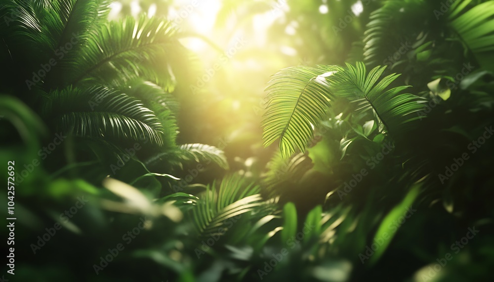 Poster lush greenery and vibrant foliage illuminated by soft sunlight, creating a tranquil atmosphere in na