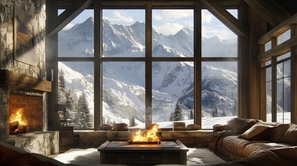 Warm fire crackles in a cozy alpine chalet, large windows frame the snowy mountain landscape, blending rustic comfort with modern flair.