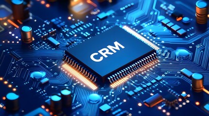 An illustration of a microchip on a circuit board with "CRM" stylized using customer icons and interaction symbols, representing the concept of Customer Relationship Management