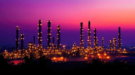 Warm golden lights illuminate a sprawling oil refinery at dusk, set against a backdrop of a deep purple sky, creating an industrial silhouette.