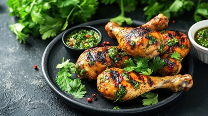 Grilled chicken drumsticks garnished with herbs and sauces on a dark plate.