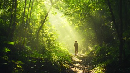 Peaceful hike through a dense green forest with sunlight streaming through the canopy as a traveler walks along a winding trail