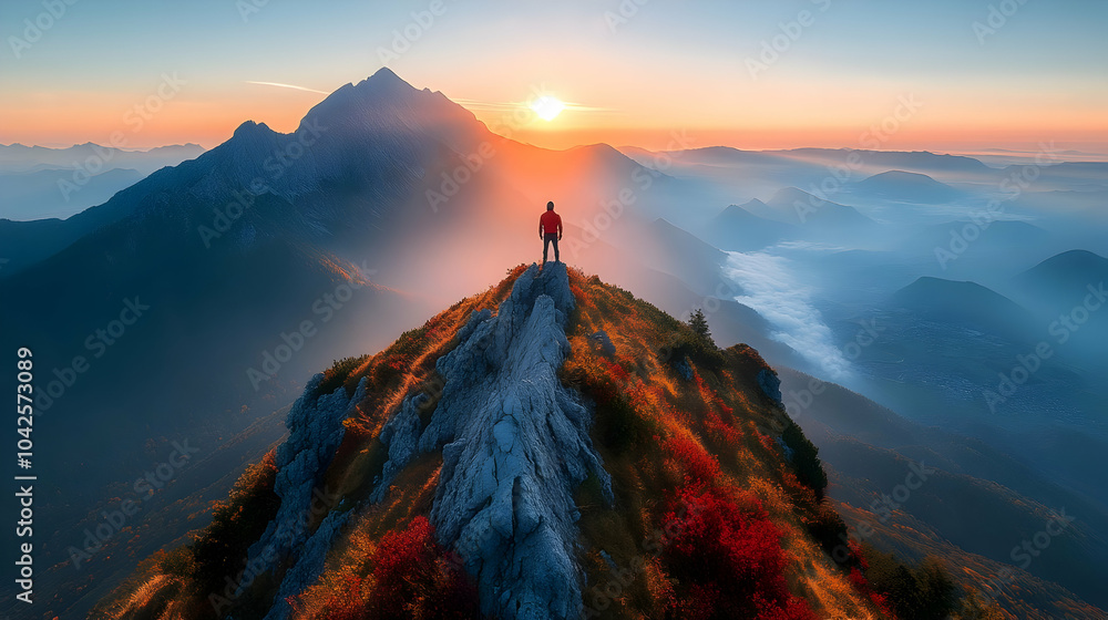 Canvas Prints A lone figure stands atop a mountain at sunset, surrounded by nature.