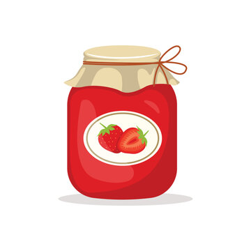 Strawberry jam in glass jar vector illustration. isolated on white background