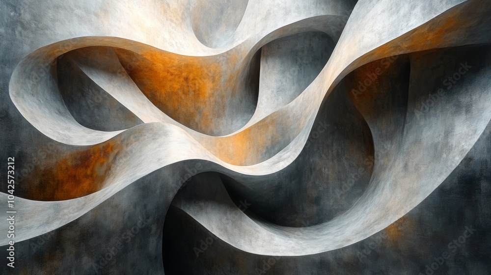 Aufkleber A dynamic interplay of grey and orange curves forms an abstract design, creating a striking visual effect in a contemporary architectural setting.