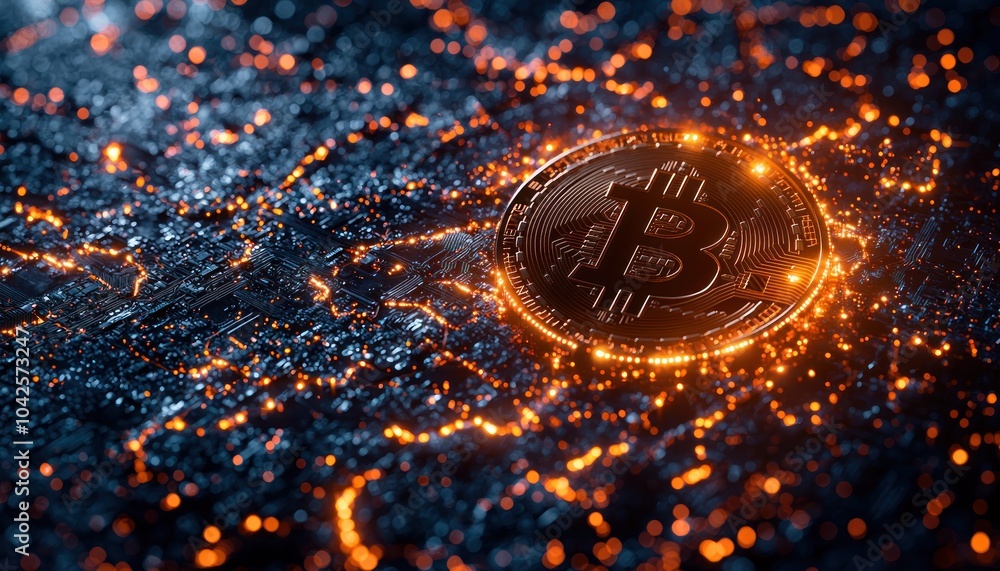 Poster Glowing Bitcoin on a Circuit Board Background