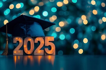 Class of 2023 concept. Wooden number "2025" with graduate hat on dark background with bokeh with generative ai