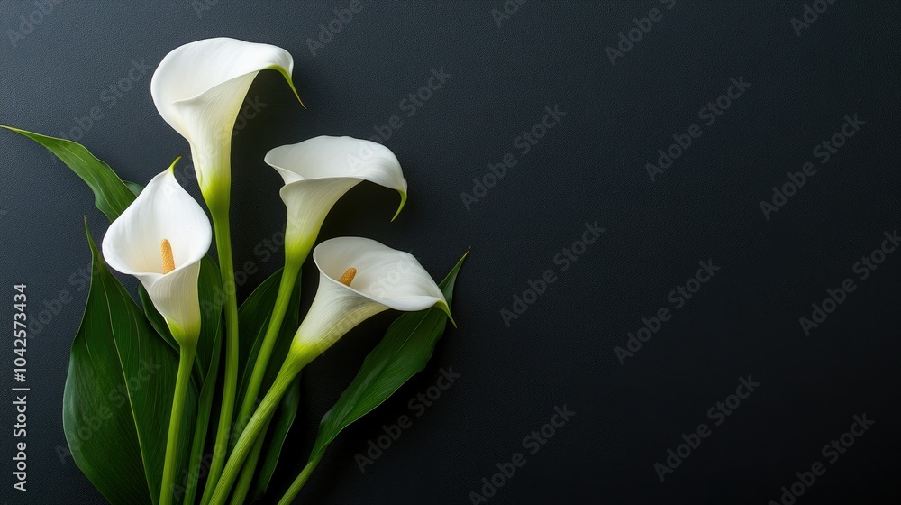 Wall mural White calla lilies arranged on a dark black background, their pure, curved petals representing grace and solemnity, perfect for a funeral or sympathy setting.