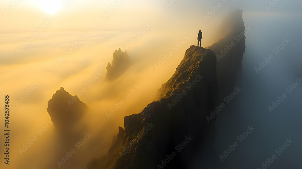 Wall mural A lone figure stands on a rocky cliff above a sea of fog.