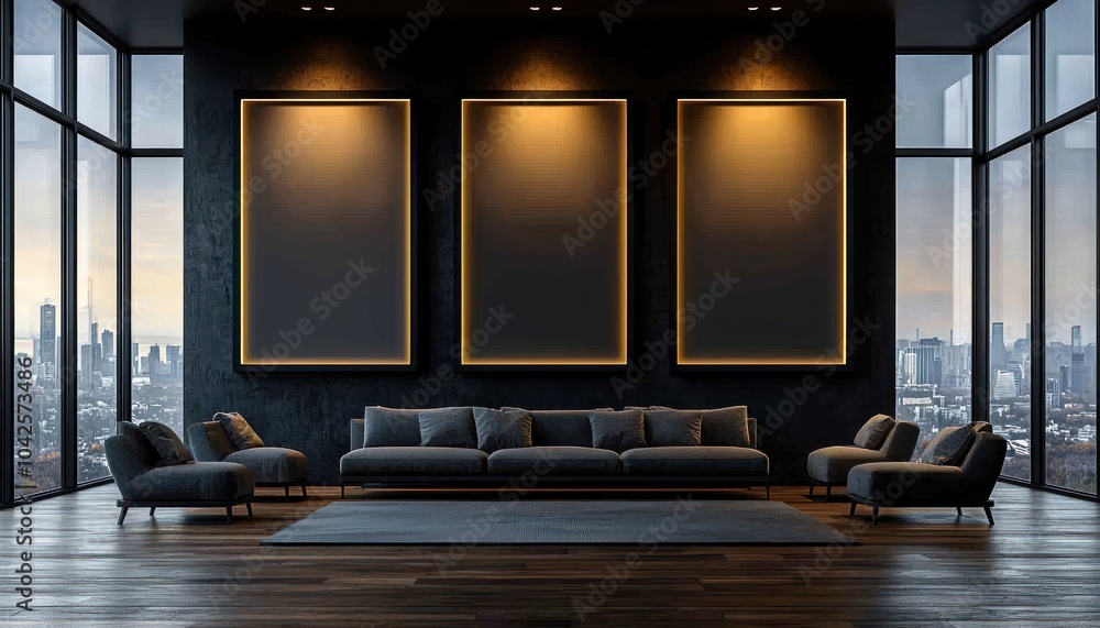 Poster Modern living room with city view and three empty frames