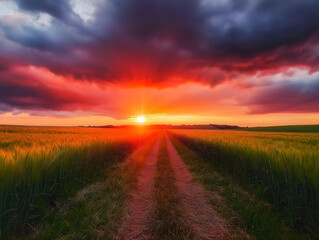 Obraz premium Idyllic rural landscape with a dirt road leading to the horizon at sunset, surrounded by golden wheat fields under dramatic clouds, evoking serenity and meditation.