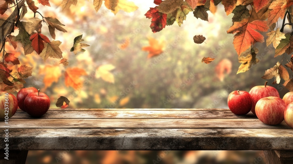 Aufkleber a rustic wooden table adorned with red apples and autumn leaves in a serene setting.