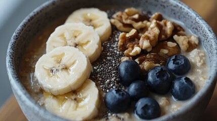 Wholesome oat porridge in a bowl, garnished with sliced bananas, blueberries, walnuts, and chia seeds, with almond milk poured over the top. A healthy and hearty start to the day.