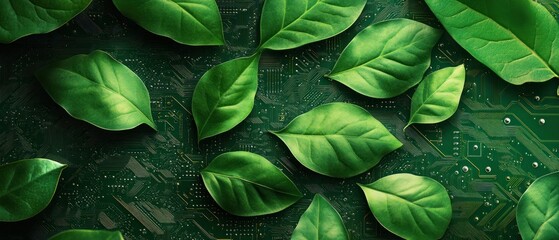 Fototapeta premium A blend of green leaves on a circuit board, symbolizing nature and technology integration.