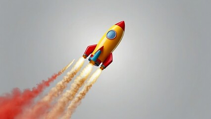 Cartoon rocket flying with colorful smoke on a white background, ideal for business development, growth concepts, startup success, and creative progress visuals.