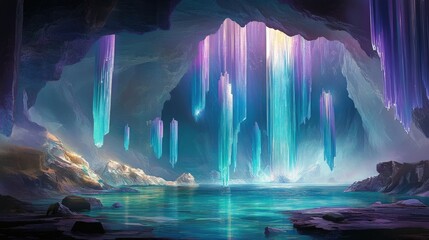A magical cave with glowing crystals hanging above a still lake.