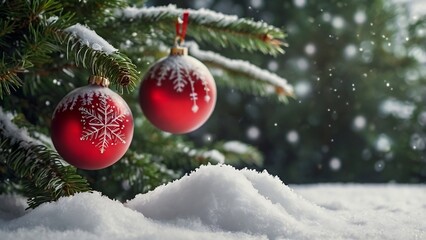 Two Christmas decoration balls hang on a Christmas tree branch, with snow on the ground, perfect for festive banners and holiday season visuals.