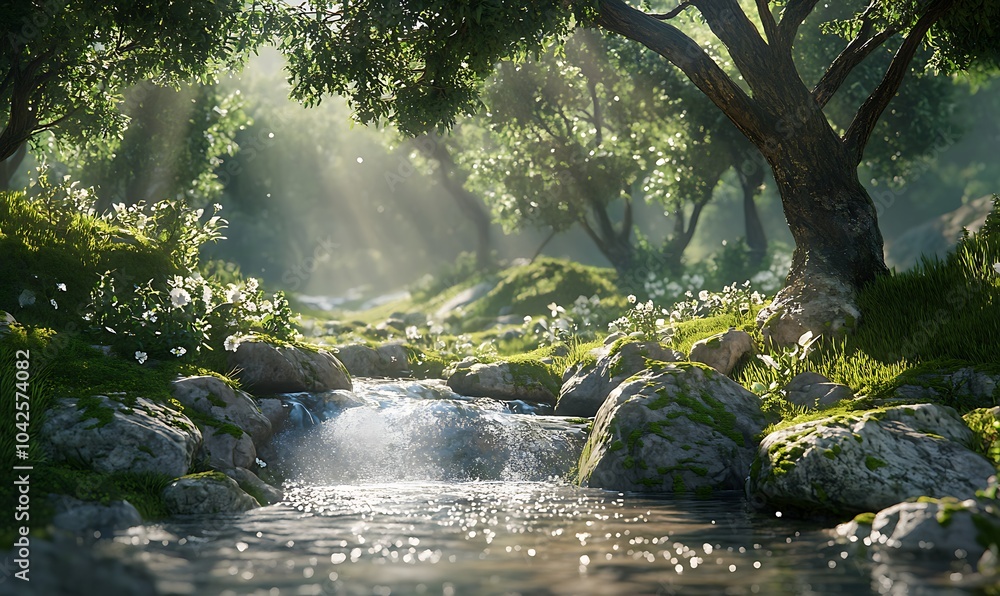 Poster a serene forest scene featuring a gently flowing stream surrounded by lush greenery and dappled sunl