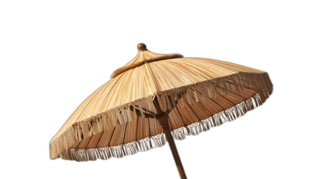A vibrant straw beach umbrella with a sturdy wooden