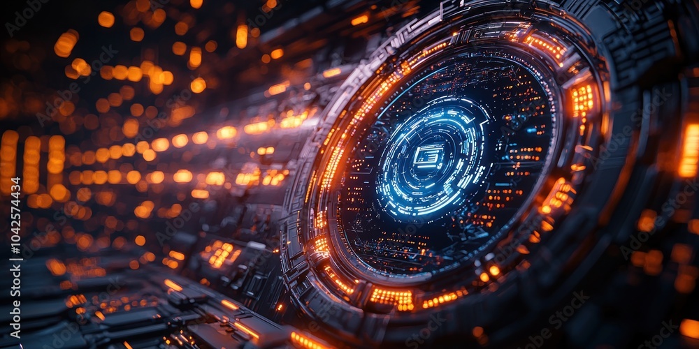 Poster Futuristic Technology Interface with Glowing Lights and Circular Display