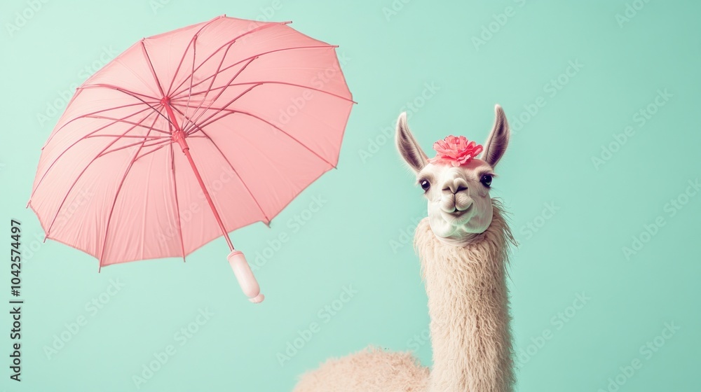 Sticker A whimsical llama with a flower and a pink umbrella against a pastel background.