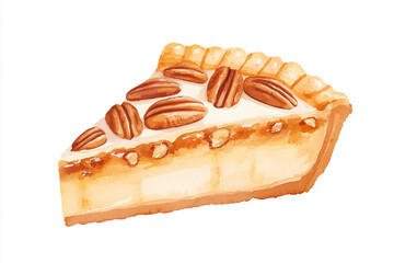 Delicious slice of pecan pie featuring golden crust and topped with whole pecans, perfect for dessert lovers. This watercolor illustration captures sweet essence of this classic treat