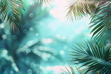 A tropical background with palm leaves and bokeh lights