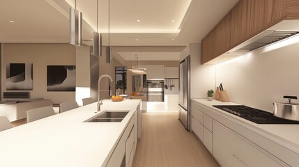 High-definition image of a modern kitchen with sleek white countertops, stainless steel appliances, and a large island under soft lighting.
